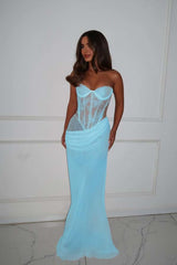 Strapless Mermaid Long Prom Dress with Lace Pleated