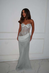 Strapless Mermaid Long Prom Dress with Lace Pleated