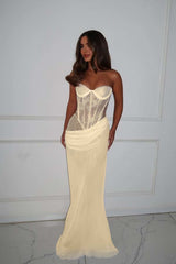 Strapless Mermaid Long Prom Dress with Lace Pleated