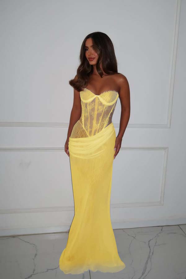 Strapless Mermaid Long Prom Dress with Lace Pleated