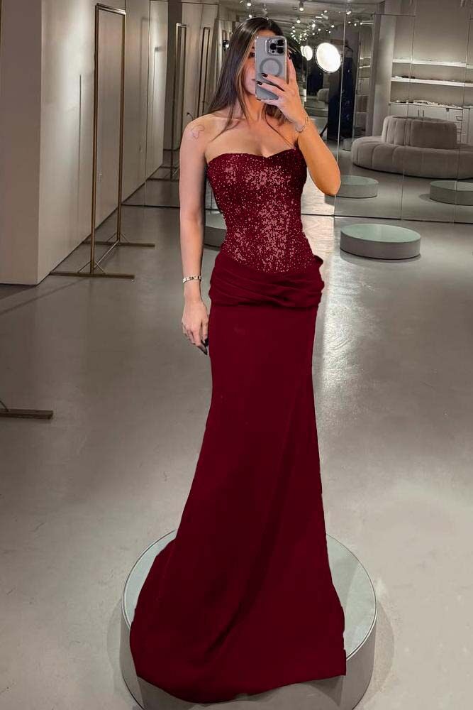 Elegant Strapless Mermaid Long Prom Dress with Pleated Sequins