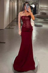 Elegant Strapless Mermaid Long Prom Dress with Pleated Sequins