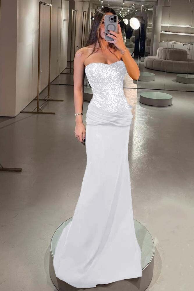 Elegant Strapless Mermaid Long Prom Dress with Pleated Sequins