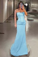 Elegant Strapless Mermaid Long Prom Dress with Pleated Sequins
