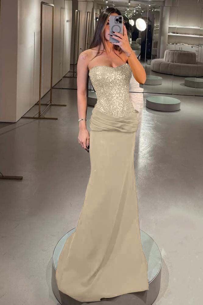 Elegant Strapless Mermaid Long Prom Dress with Pleated Sequins