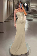 Elegant Strapless Mermaid Long Prom Dress with Pleated Sequins