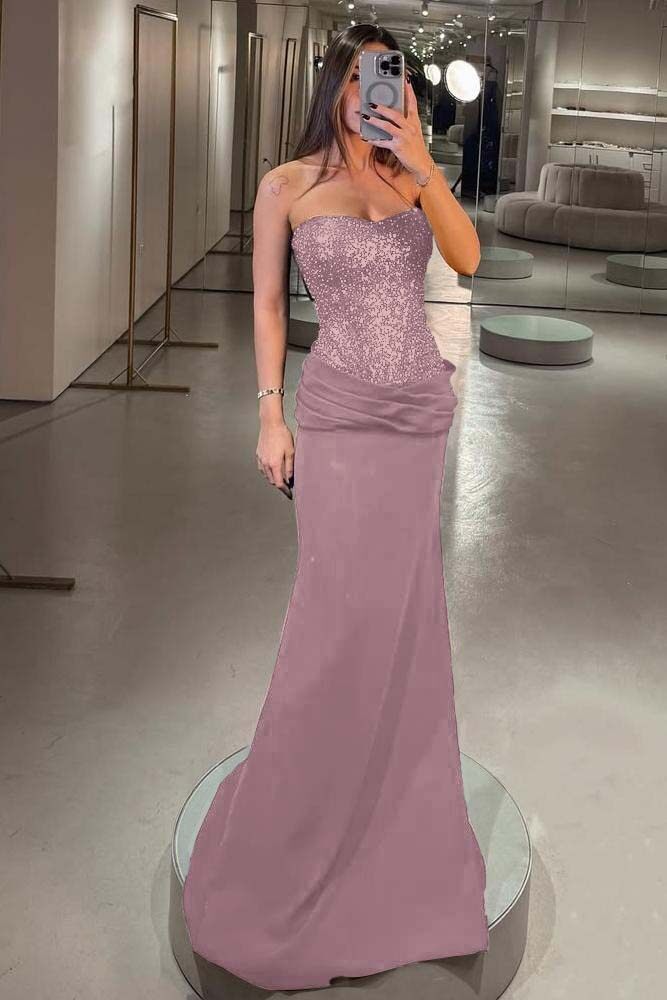 Elegant Strapless Mermaid Long Prom Dress with Pleated Sequins