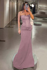 Elegant Strapless Mermaid Long Prom Dress with Pleated Sequins