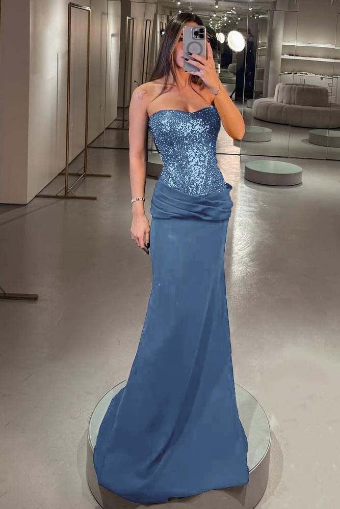 Elegant Strapless Mermaid Long Prom Dress with Pleated Sequins