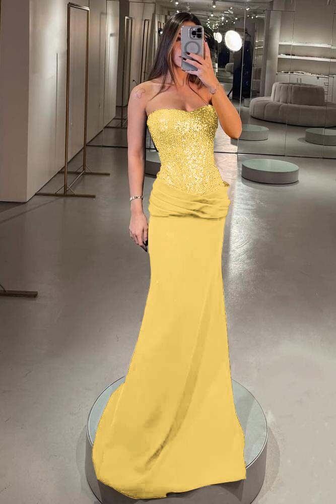 Elegant Strapless Mermaid Long Prom Dress with Pleated Sequins
