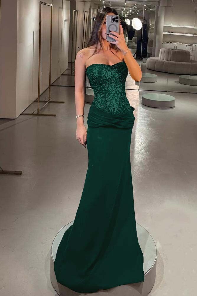 Elegant Strapless Mermaid Long Prom Dress with Pleated Sequins