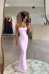 Strapless Mermaid Long Prom Dress with Sequin Pleats