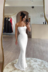 Strapless Mermaid Long Prom Dress with Sequin Pleats