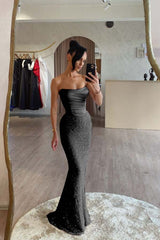 Strapless Mermaid Long Prom Dress with Sequin Pleats