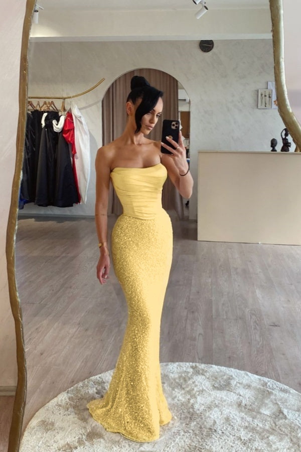 Strapless Mermaid Long Prom Dress with Sequin Pleats
