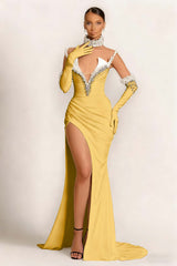 Strapless Mermaid Long Prom Dress with Split and Gloves