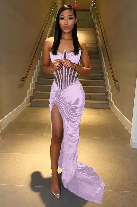 Strapless Mermaid Long Prom Dress with Split and Pleats