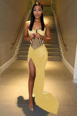 Strapless Mermaid Long Prom Dress with Split and Pleats