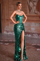 Strapless Mermaid Long Prom Dress with Split and Sequins