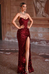 Strapless Mermaid Long Prom Dress with Split and Sequins