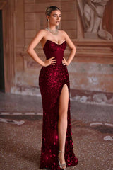 Strapless Mermaid Long Prom Dress with Split and Sequins