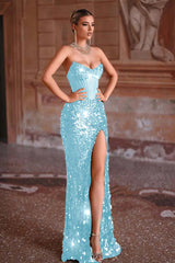 Strapless Mermaid Long Prom Dress with Split and Sequins