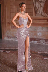 Strapless Mermaid Long Prom Dress with Split and Sequins