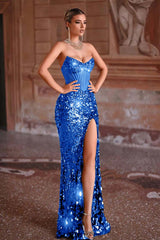Strapless Mermaid Long Prom Dress with Split and Sequins