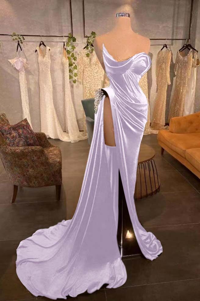 Strapless Long Pleated Prom Dress with Beading and Split