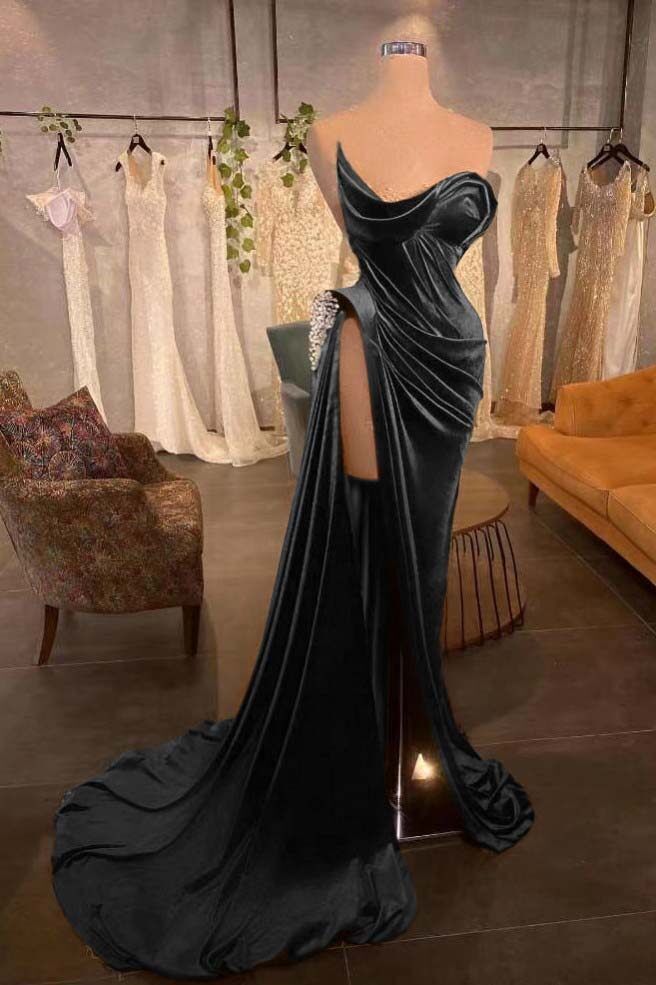 Strapless Long Pleated Prom Dress with Beading and Split