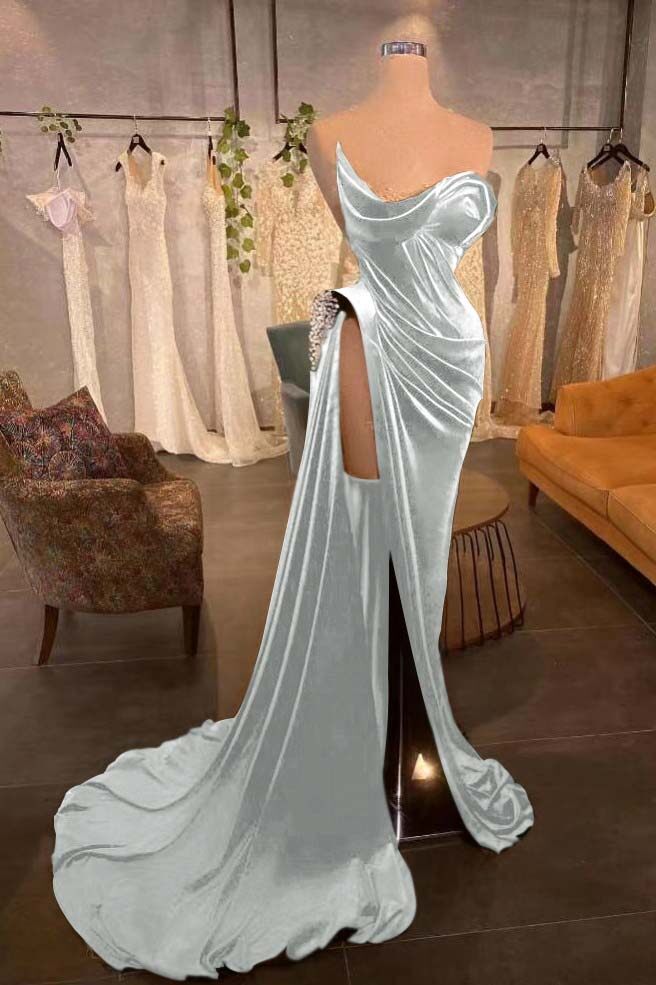 Strapless Long Pleated Prom Dress with Beading and Split