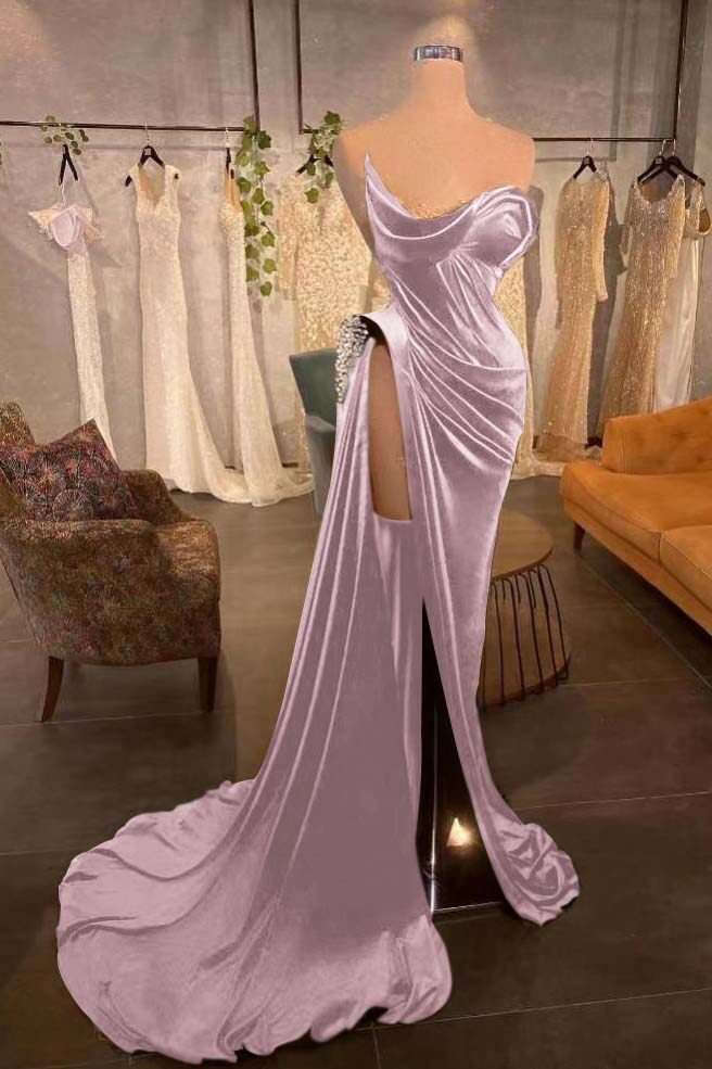 Strapless Long Pleated Prom Dress with Beading and Split