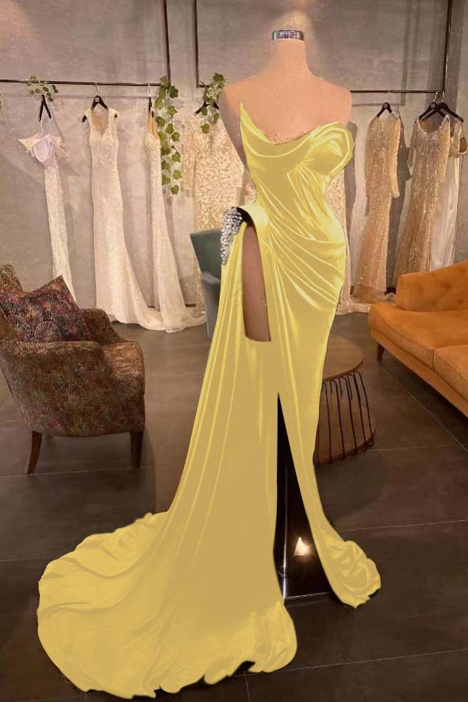 Strapless Long Pleated Prom Dress with Beading and Split