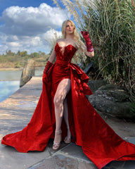 Strapless Long Prom Dress with Beading Split Gloves