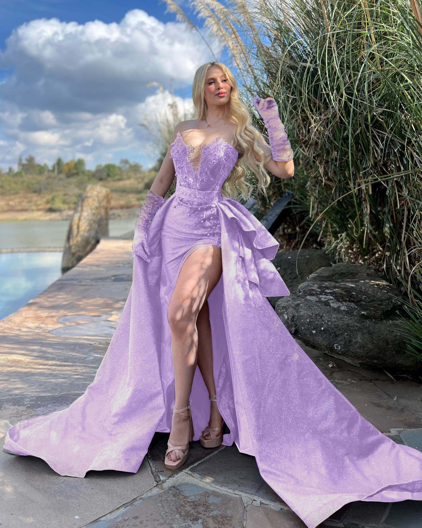 Strapless Long Prom Dress with Beading Split Gloves