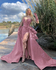 Strapless Long Prom Dress with Beading Split Gloves