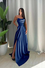 Strapless Long Split Prom Dress with Pleated Sequins
