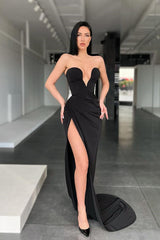 Black Strapless Sweetheart Mermaid Long Prom Dress with Split