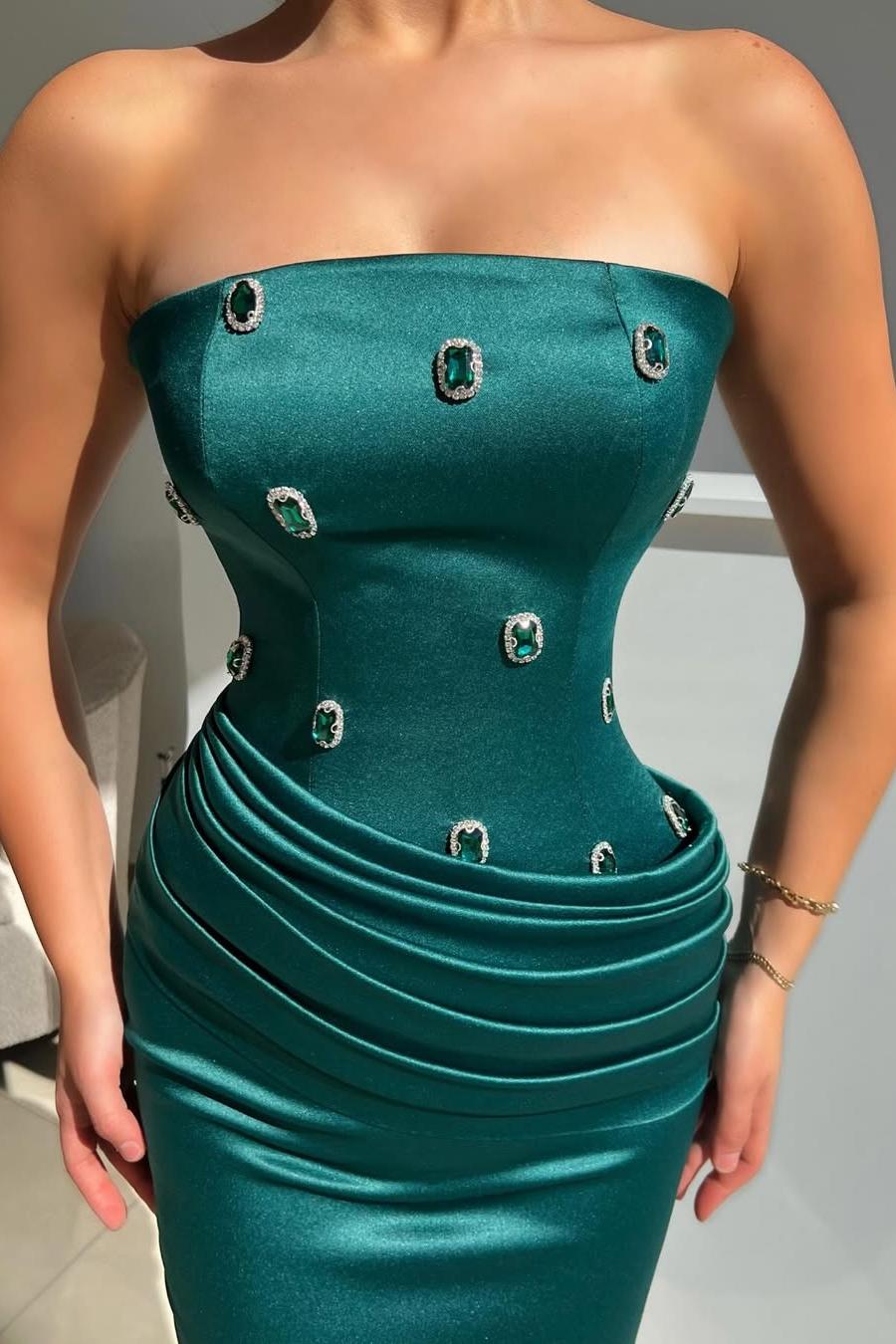 Strapless Mermaid Long Pleated Prom Dress with Beading