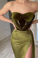 Olive Green Strapless Mermaid Long Prom Dress with Split