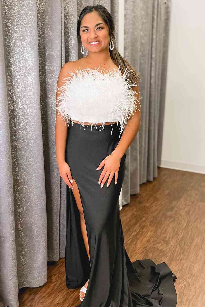 Strapless White Feathers Separated Long Prom Dress with Lace-Up Back