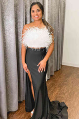 Strapless White Feathers Separated Long Prom Dress with Lace-Up Back