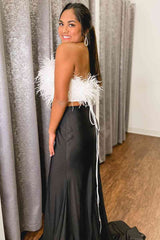 Strapless White Feathers Separated Long Prom Dress with Lace-Up Back
