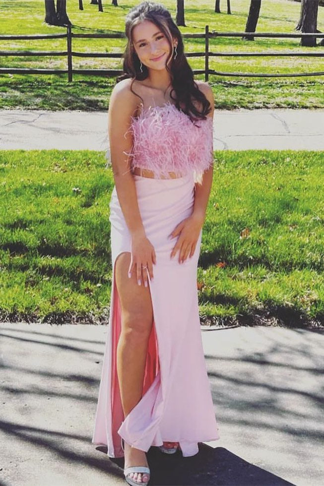 Strapless White Feathers Separated Long Prom Dress with Lace-Up Back