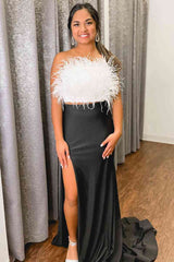 Strapless White Feathers Separated Long Prom Dress with Lace-Up Back
