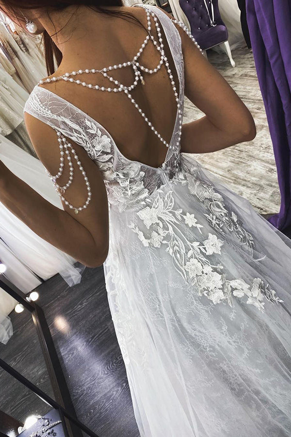 Strappy V-Neck A-Line Backless Wedding Dress with Pearl Appliques