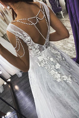 Strappy V-Neck A-Line Backless Wedding Dress with Pearl Appliques