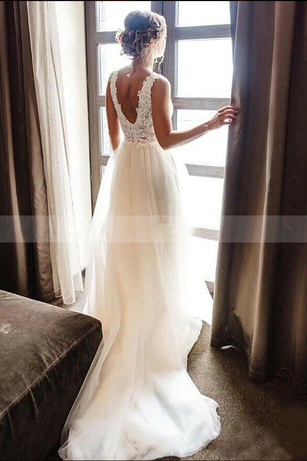 Strappy V-Neck A-Line Sleeveless Backless Wedding Dress with Lace Appliques