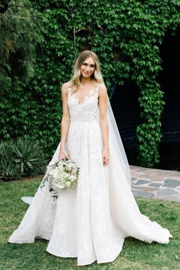 Strappy V-Neck A-Line Wedding Dress with Floral Beading