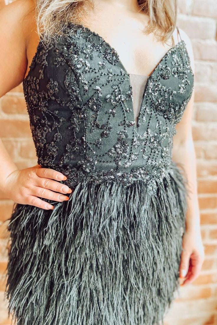 Straps Black Beaded Tight Homecoming Dress with Feathers
